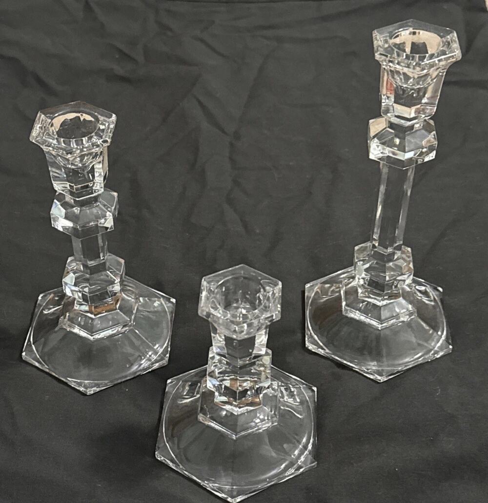 Trio of Glass Crystal Candlesticks ￼